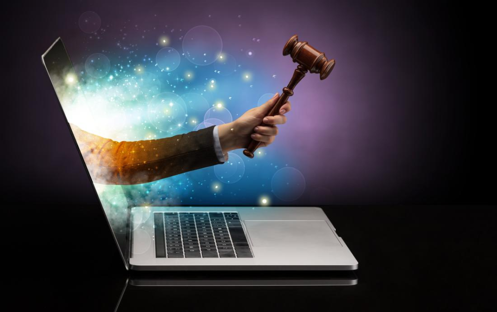 Online auction concept laptop and gavel