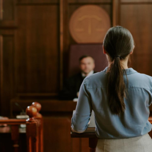 Witness testifying in courtroom with lawyers